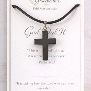 Black Hematite Cross Pendant Necklace on black cord comes with scripture card